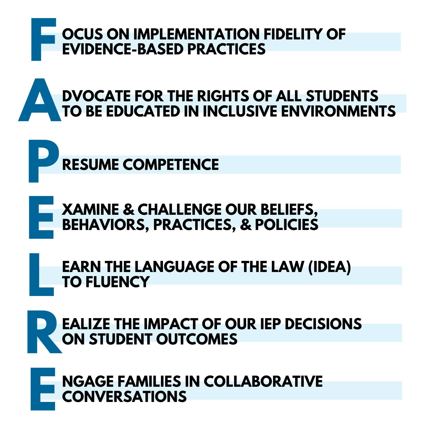 Focus on implementation fidelity of evidence based practices; advocate for the rights of all students to be educated in inclusive environments; presume competence; examine and challenge our beliefs, behaviors, practices, policies; learn the language of the law (IDEA) to fluency; realize the impact of our IEP decisions on student outcomes; engage families in collaborative conversations